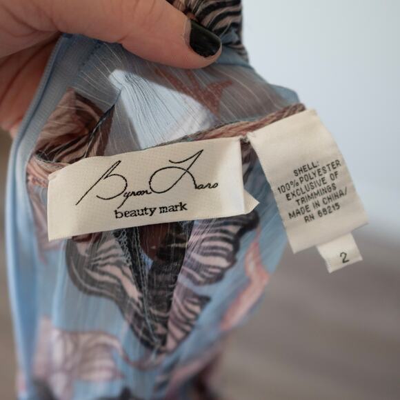 Byron Lars Pastel Blouse Blue Pink Floral Print Tie Neck Sheer Button Front SZ 2 - Picture 7 of 7